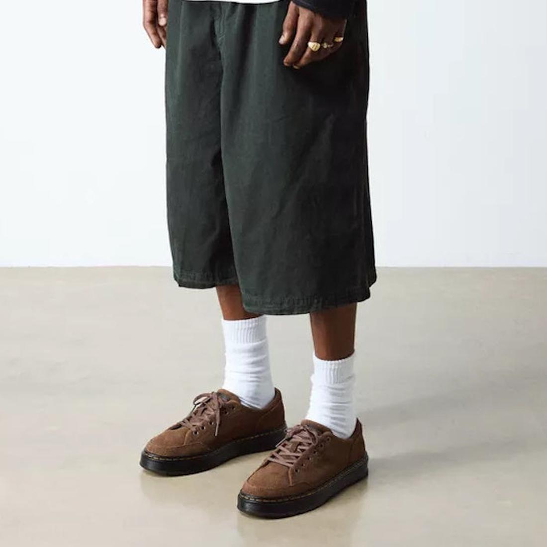 Person wearing green cargo shorts, brown Dr Martens Brookline Suede Dark Brown  shoes, and white socks on a plain background.,
190665752472,
190665752489,
190665752496,, 46241, 46242, 46243, 46244, 190665752472, 190665752489, 190665752496, 46248, 46249, 4