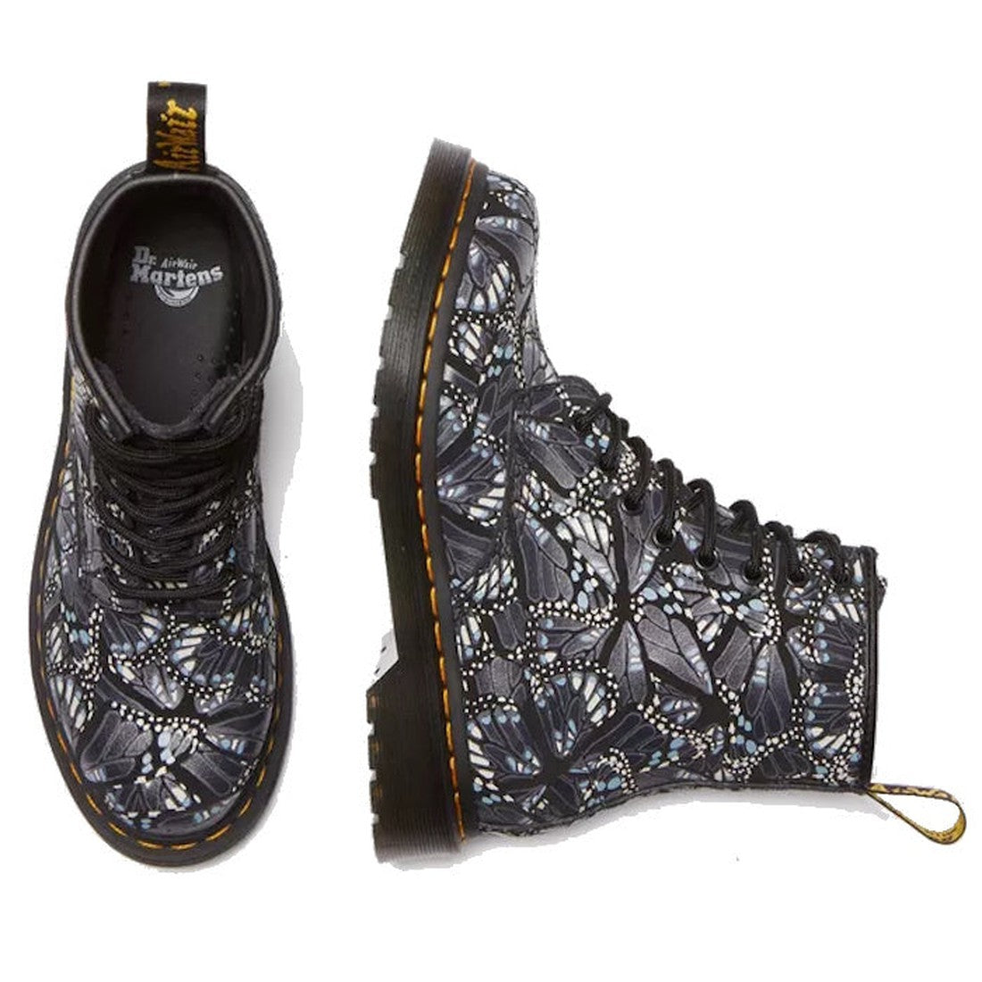 Dr Martens Pascal Butterfly Suede Boot 8 Up: child-friendly lace-up boots in black/grey with butterfly design, sturdy black sole.  ksnz, 190665639278, 190665639285, 190665639292, 190665639308, 190665639322