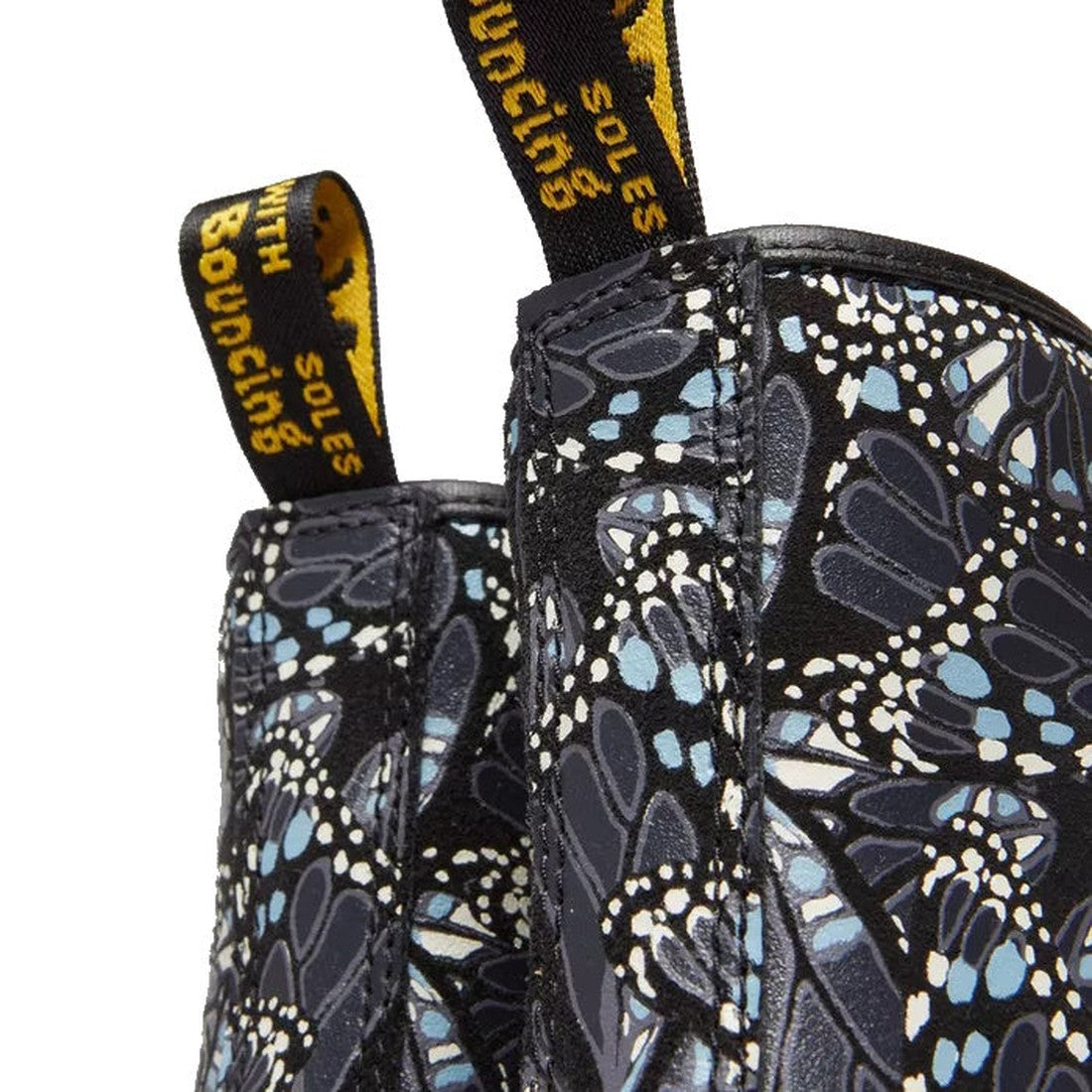 Dr Martens Pascal Butterfly Suede Boot 8 Up in Black/Grey—fun boots with blue/white butterfly wings, lace-up, and durable yellow-tag sole.  ksnz, 190665639278, 190665639285, 190665639292, 190665639308, 190665639322
