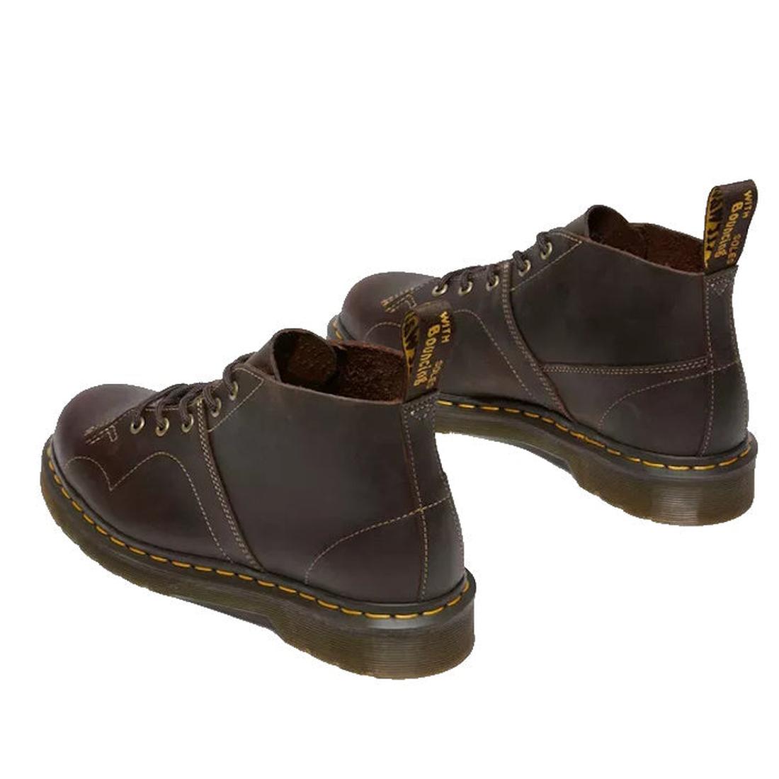 heel view of dr martens church monkey boot showing stitching on the side of the boot and classic yellowing stitching around the heel and heel tab on the heel.,
190665703580,
190665703597,
190665703610,
190665703627,
190665703634,
190665703658,, 44507, 190