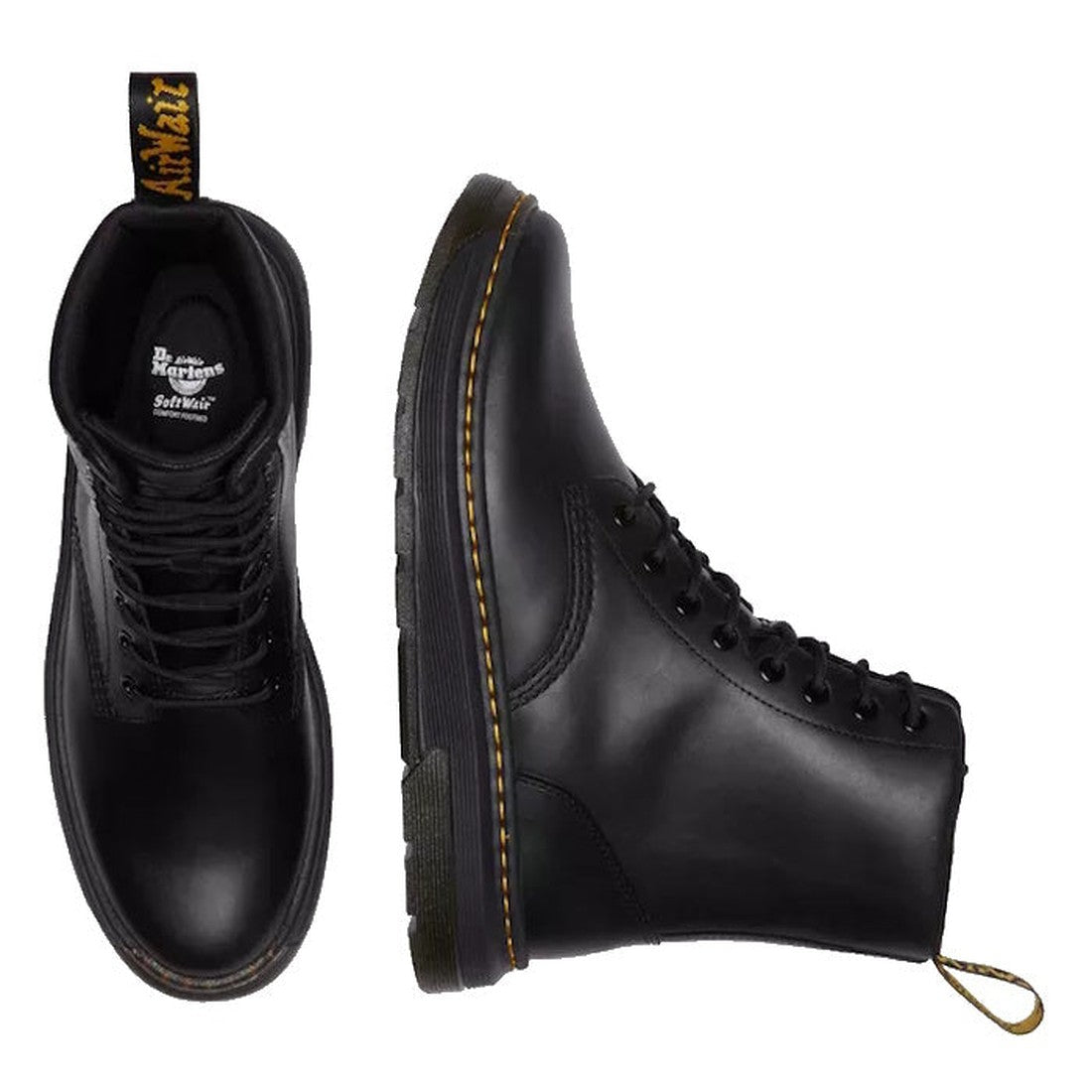 A pair of Dr. Martens Crewson Classic Leather Everyday Boots in black, shown from the top and side, featuring yellow stitching, black laces, and lightweight construction for everyday comfort., 190665568400, 32121, 190665568417, 190665568424, 190665568448,