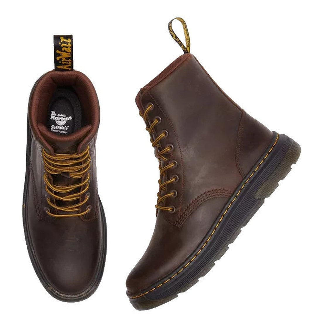Dr Martens Crewson Classic Leather Boots in warm brown with sturdy black soles, yellow stitching, and secure brown laces—family ready!.  ksnz, 190665608861, 190665608878, 190665608885, 190665608908, 190665608915, 190665608922, 190665608946