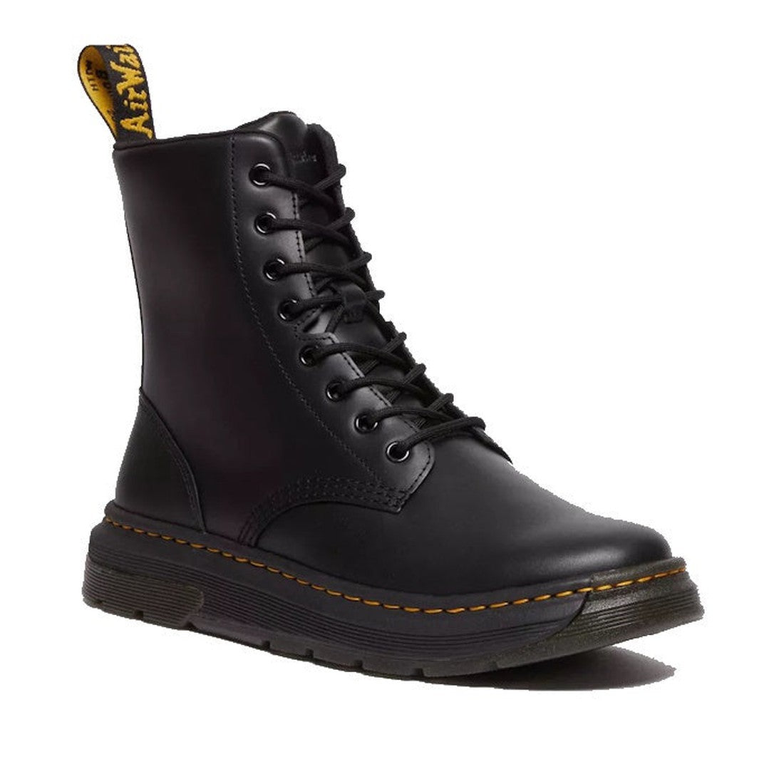 Image of right foot, side on of Dr Martens Crewson Classic Leather Everyday Boots Black-Foot Forward Shoes