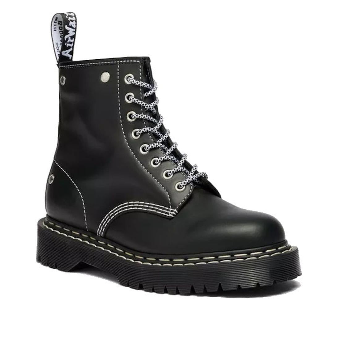 The Dr Martens Bex 1460 WDS White Stitching Black Boot Sendal features smooth black leather, white stitching, a thick Bex sole, black-and-white laces through metal eyelets, and a branded fabric pull tab on the back.