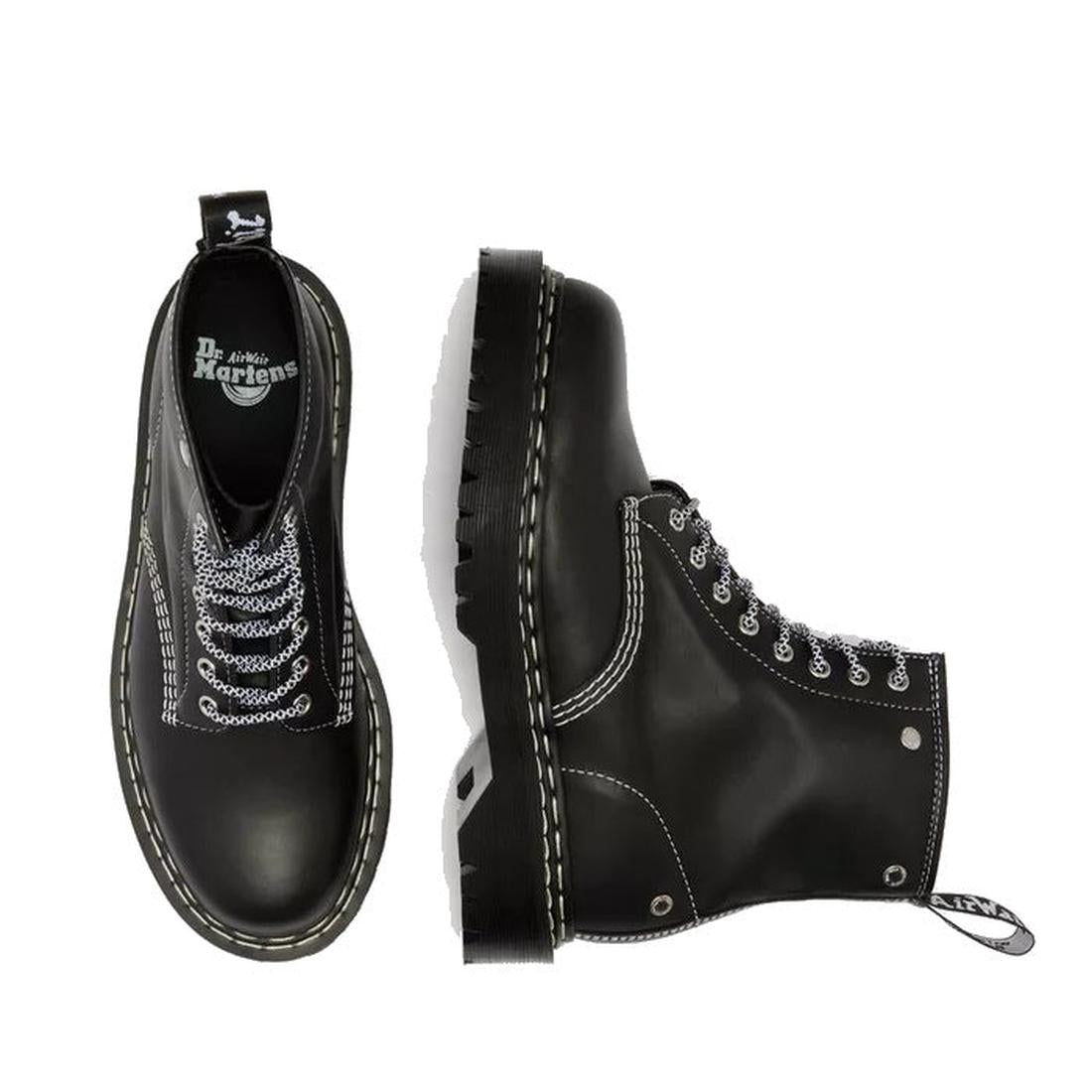 Top and side view of Dr Martens Bex 1460 WDS White Stitching Black Boot Sendal in Smooth leather with white stitching, white eyelets, thick Bex soles, branded pull tabs, and white laces in one boot., 50363, 50364, 190665803068, 190665803075, 190665803099,