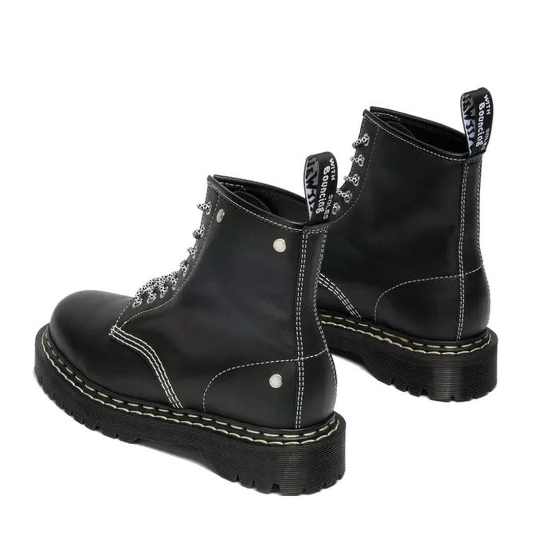 The Dr Martens Bex 1460 WDS White Stitching Black Boot Sendal features smooth black leather, lace-up design, thick ridged Bex soles, white-stitch details, and pull tabs with white text. Displayed at an angle to show back and side views., 50363, 50364, 190