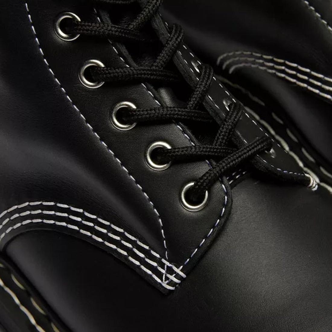 Close-up of Dr Martens Bex 1460 WDS White Stitching Black Boot Sendal—smooth black leather, black laces, silver eyelets, and detailed white stitching for a classic look., 50363, 50364, 190665803068, 190665803075, 190665803099, 50369, 50370