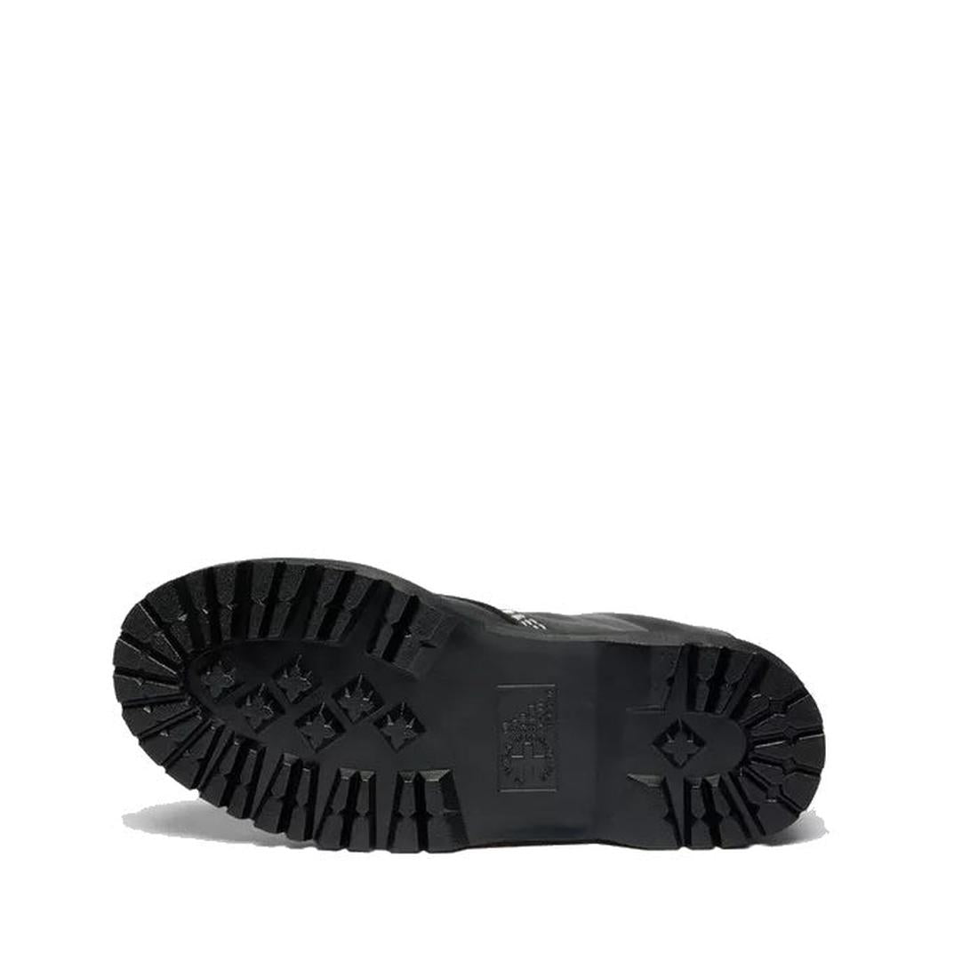 The Dr Martens Bex 1460 WDS White Stitching Black Boot Sendal is shown with its black Bex sole facing upward, emphasizing the deep tread pattern for traction and the durable design against a white background., 50363, 50364, 190665803068, 190665803075, 190