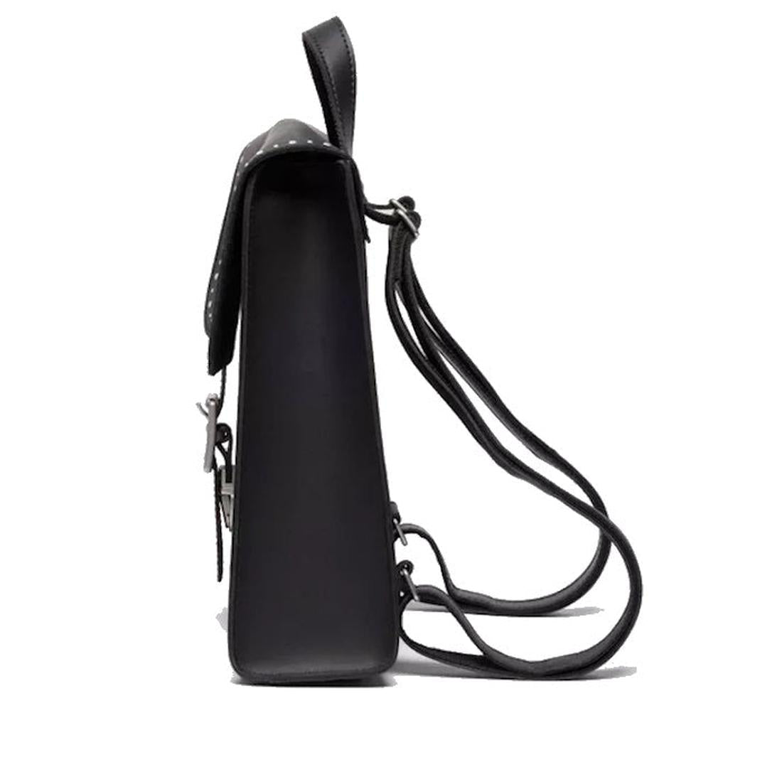 Side view of the Dr Martens Mini Genix Nappa Solar Flare Leather Backpack in black, featuring a structured rectangular shape, flap closure, and two adjustable shoulder straps. Shown against a plain white background., 190665739695