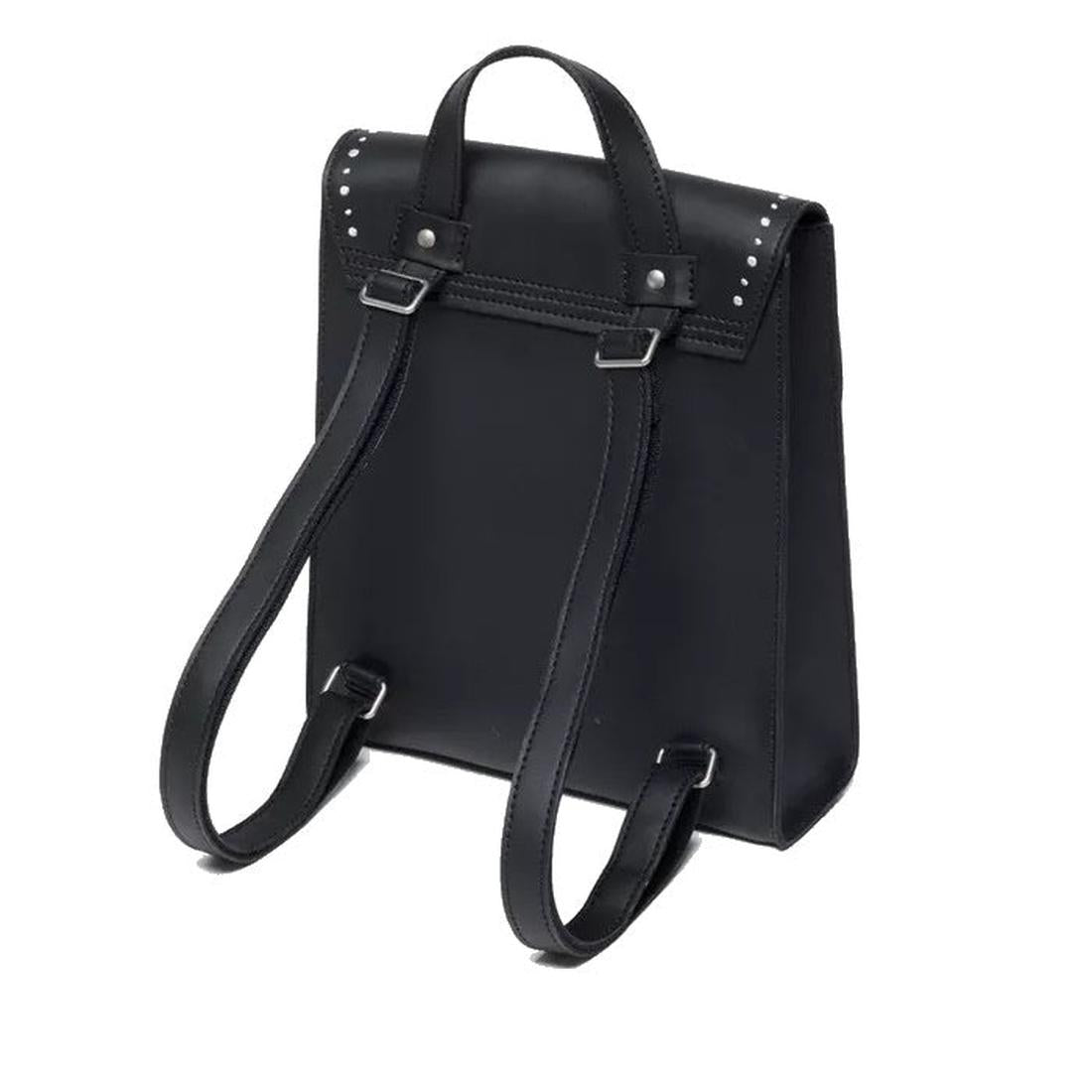 The Dr Martens Mini Genix Nappa Solar Flare Leather Backpack in black features silver studs on the top corners, adjustable shoulder straps, a top handle, and metal buckle accents, shown against a white background., 190665739695