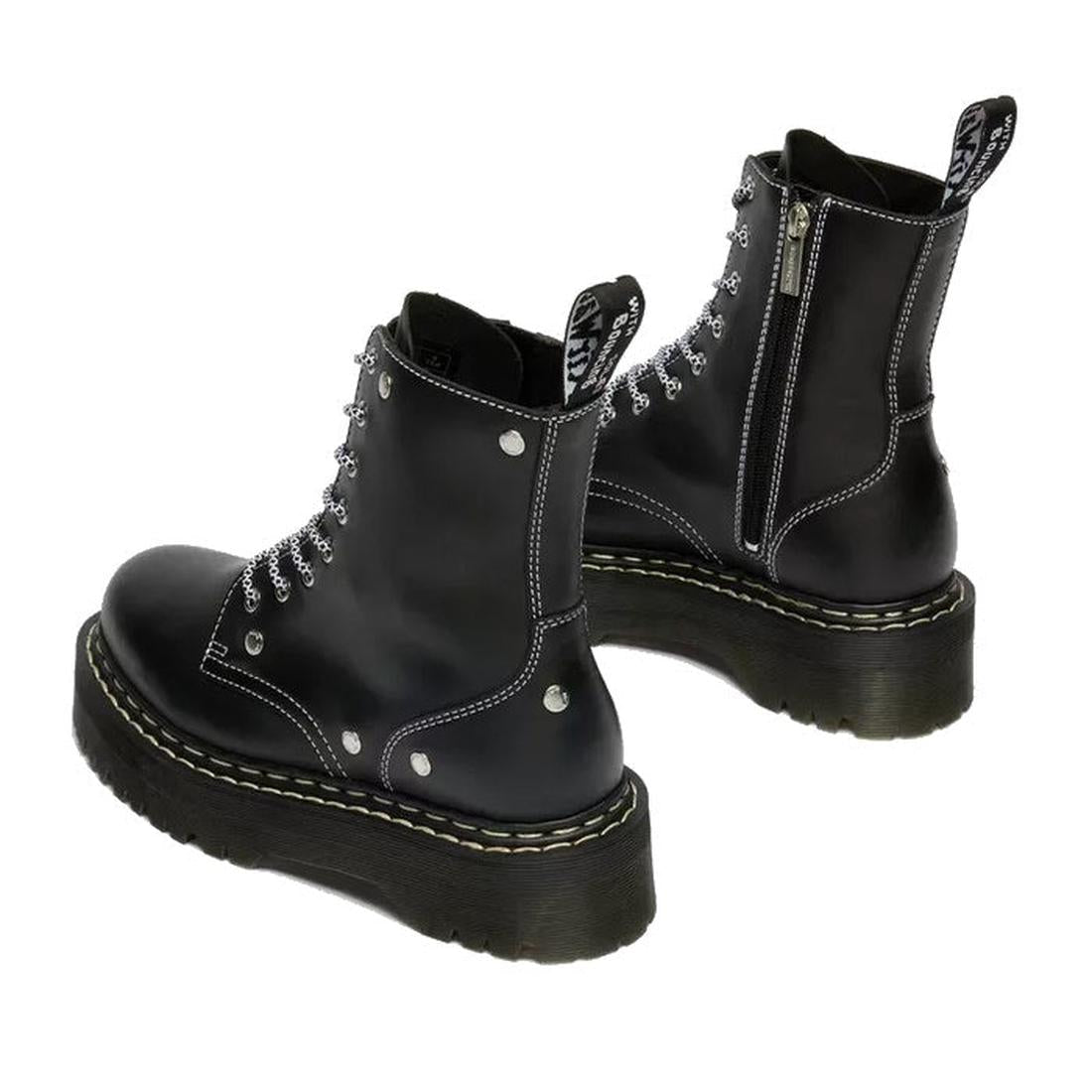 The Dr Martens Jadon WDS White Stitching Hardware 8 Eye Boot Black features a bold platform, white stitching, silver eyelets, side zippers, grooved soles, decorative laces, rear pull tabs, and signature details., 50347, 50348, 190665775471, 190665775488, 