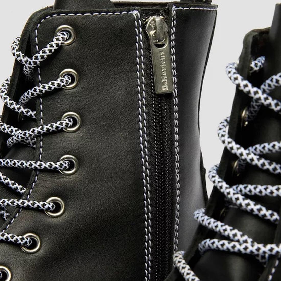 Close-up of Dr Martens Jadon WDS White Stitching Hardware 8 Eye Boot Black, featuring black Sendal leather, white stitching, patterned laces, metal eyelets, side zipper with branded pull tab—an iconic platform silhouette., 50347, 50348, 190665775471, 1906