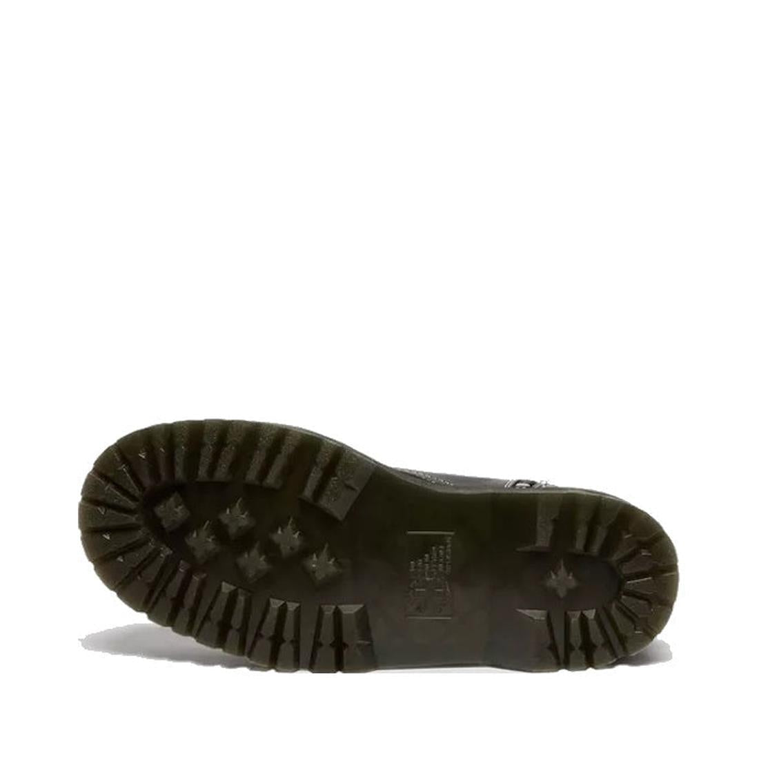 A close-up of the Dr Martens Jadon WDS White Stitching Hardware 8 Eye Boot Black sole, shown horizontally against a white background, displays its textured tread, branding, and bold platform silhouette., 50347, 50348, 190665775471, 190665775488, 190665775