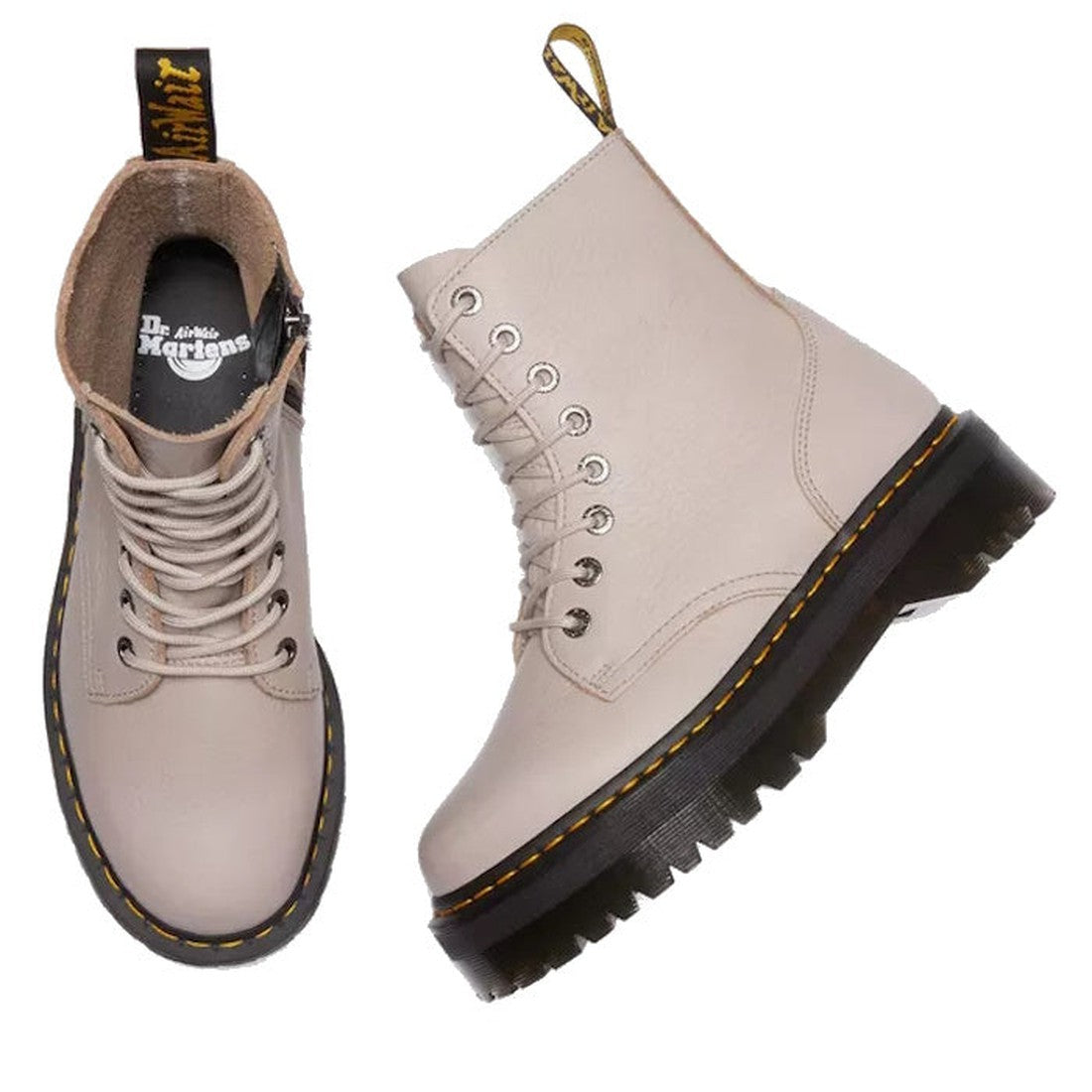 A pair of Dr Martens Jadon III Pisa Vintage Taupe Leather Boots with black soles, yellow stitching, and branded heel loops, shown from top and side angles on a white background., 190665590135, 190665590142, 190665590159, 32729, 190665590173, 190665590180,
