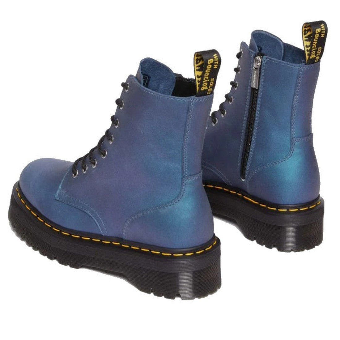 A pair of Dr Martens Jadon Deep Blue Pull Up Leather Platform Boots featuring black chunky soles, commando tread, yellow stitching, side zippers, and black pull tabs with yellow text on the back., 34144, 190665587883, 190665587890, 190665587913, 190665587