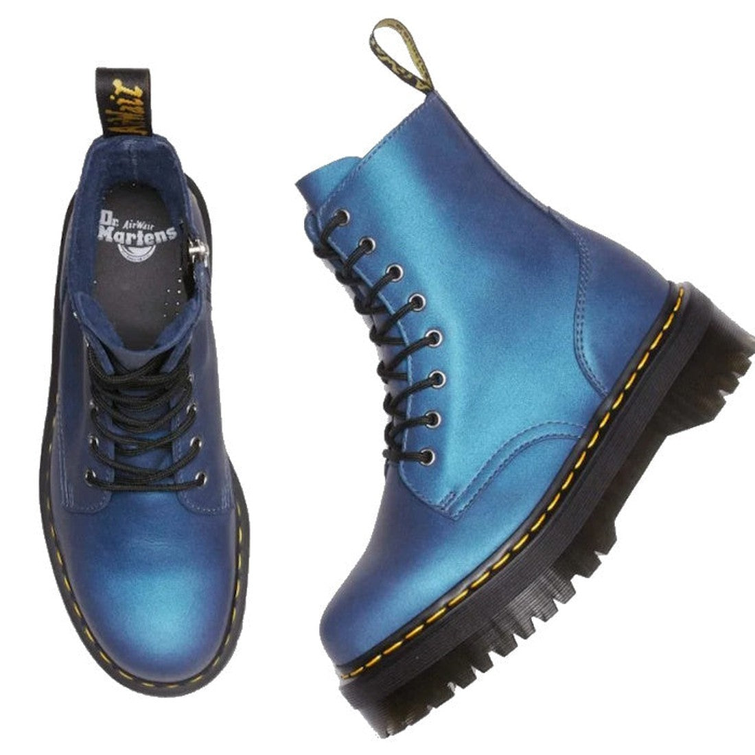 A pair of Dr Martens Jadon Deep Blue Pull Up Leather Platform Boots with shiny blue leather, black chunky commando tread soles, yellow stitching, and black laces. One boot is shown sideways; the other is viewed from above., 34144, 190665587883, 1906655878
