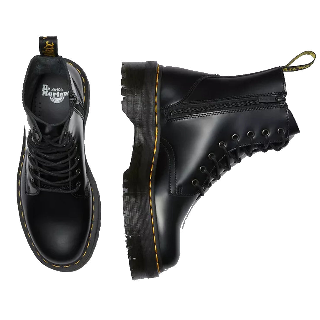 A pair of Dr Martens - Jadon Polished Smooth Boot 8 up in black leather with yellow stitching: one boot shows the branded insole from above, and the other highlights its platform sole and side zipper., 883985578883, 883985578890, 883985578906, 88398557891