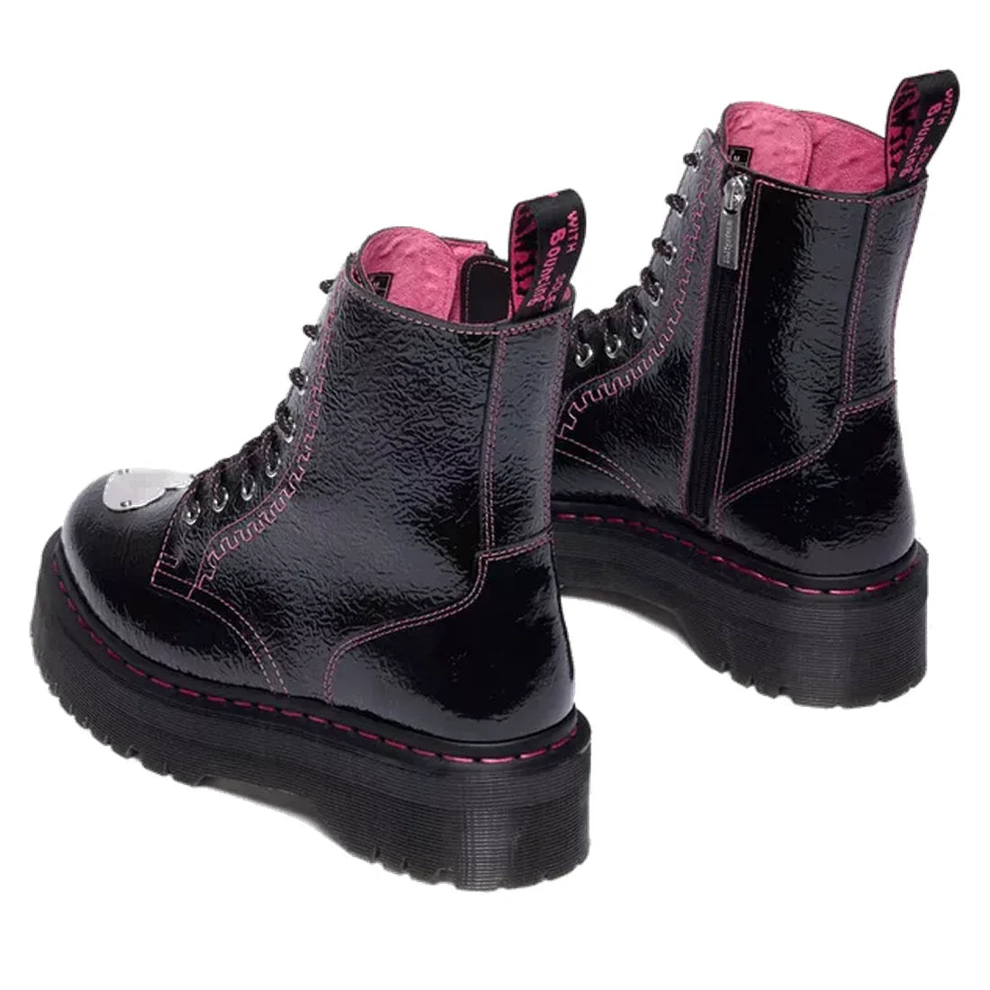 Dr Martens Jadon TP Distressed Patent Boots in black and purple, with side zippers, pink stitching, thick platform soles, and pull tabs.  ksnz, 190665775334, 190665775341, 190665775358, 190665775372, 190665775389, 190665775396