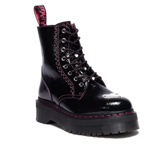 Dr Martens Jadon TP Distressed Patent Boot for kids in black and purple, with pink laces, sturdy platform sole, and easy lace-up closure.  ksnz