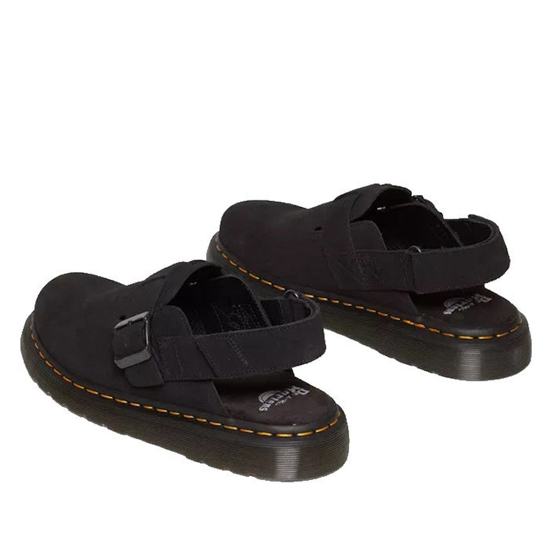The Dr Martens Black Jorge II Suede Sling Back Sandal Mules feature adjustable buckles, thick ridged soles with yellow stitching, and a black suede finish, shown angled from the back and side., 190665645477, 190665645484, 190665645491, 190665645514, 19066