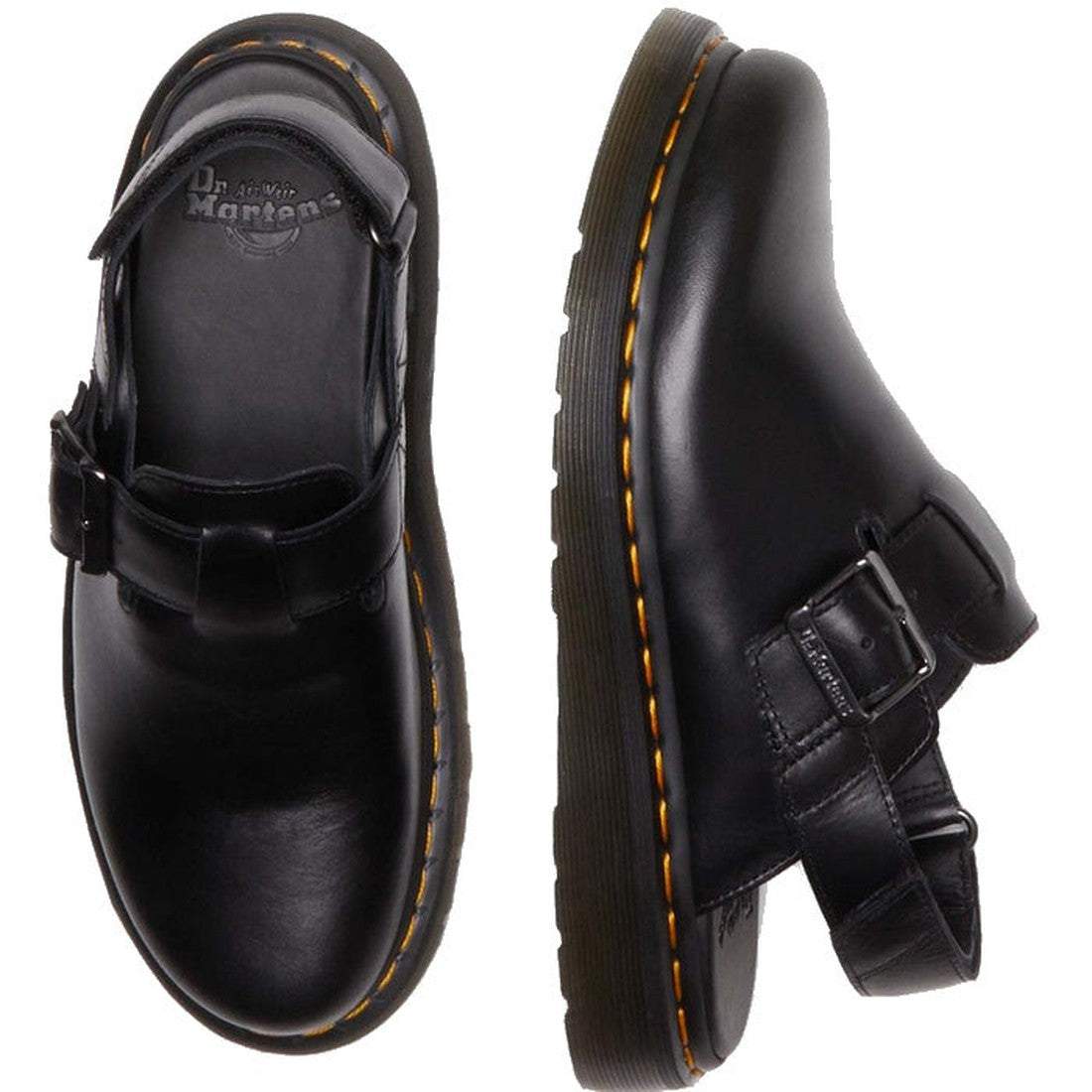 A pair of Dr. Martens Jorge II Black Brando Sling Back Sandal Covered Toe Mules with buckle straps, thick grooved soles, and yellow stitching, shown from the top and side views., 29216, 190665560824, 190665560831, 190665560749, 190665560756, 190665560763,