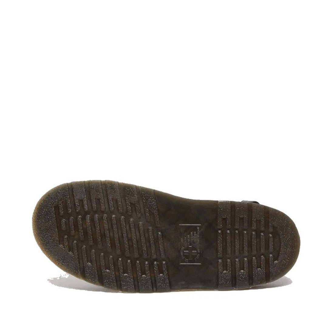 The image shows the sole of a Dr Martens Black Jorge II Brando Sling Back Sandal Covered Toe Mule, viewed from below. The dark, slightly translucent sole has a patterned tread with horizontal and vertical lines for grip., 29216, 190665560824, 190665560831