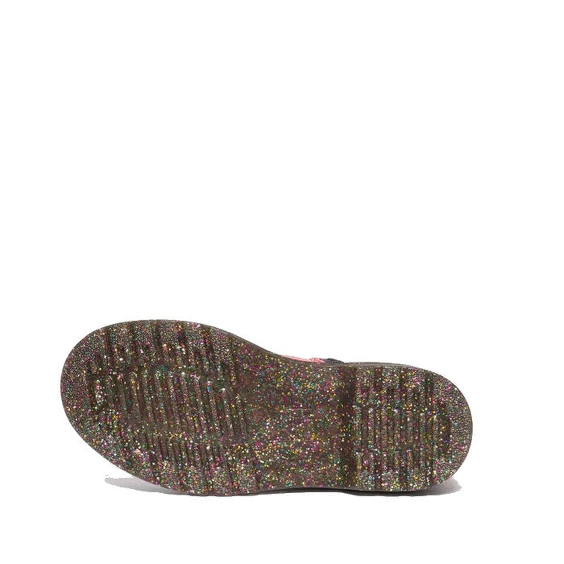 The image shows the sole of the Dr Martens Kids 1460 Junior Pink Glitter Ombre Gradient boot, featuring a pink glitter ombre design with multicolored sparkles and grooved tread patterns against a white background., 190665615463, 190665615364, 190665615388, 190665615401