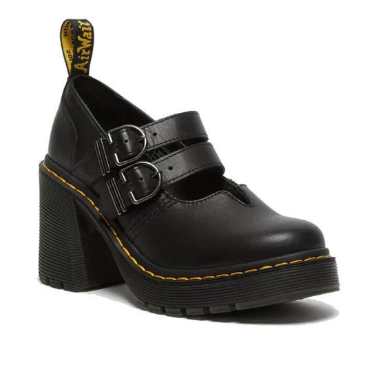 Dr Martens - Women's Lottee Eviee Mary Jane in black leather with double buckle straps, chunky sole, yellow stitching, and pull tab.  ksnz