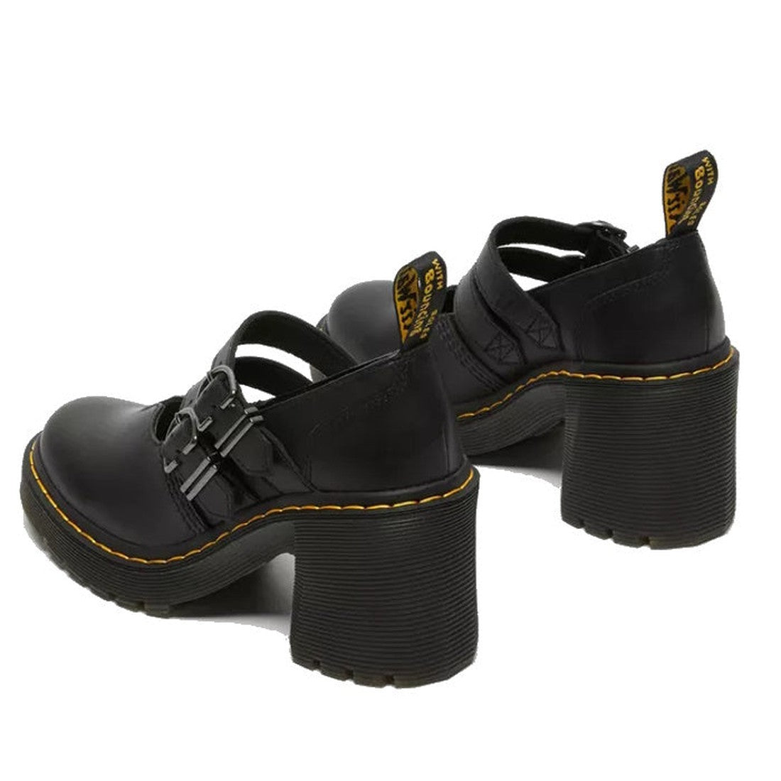 Dr Martens Women's Lottee Eviee Mary Jane is a black leather shoe with sturdy soles, double buckle straps, and signature yellow stitching.  ksnz, 190665459623, 190665459630, 190665459647, 190665459661, 190665459678, 190665459685