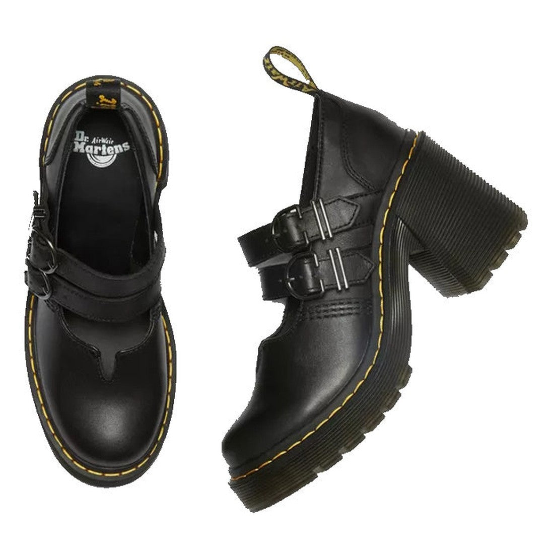 The Dr Martens Women's Lottee Eviee Mary Jane in black leather with comfy soles, double buckle straps, and signature yellow stitching.  ksnz, 190665459623, 190665459630, 190665459647, 190665459661, 190665459678, 190665459685
