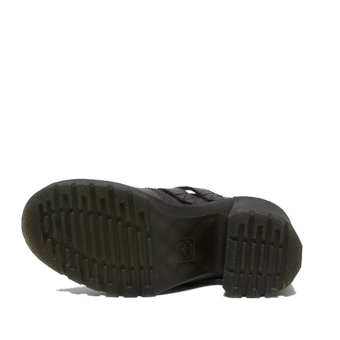 Dr Martens Women's Lottee Eviee Mary Jane—classic black shoe with sturdy grippy sole and secure buckle, shown from below on white.  ksnz, 190665459623, 190665459630, 190665459647, 190665459661, 190665459678, 190665459685