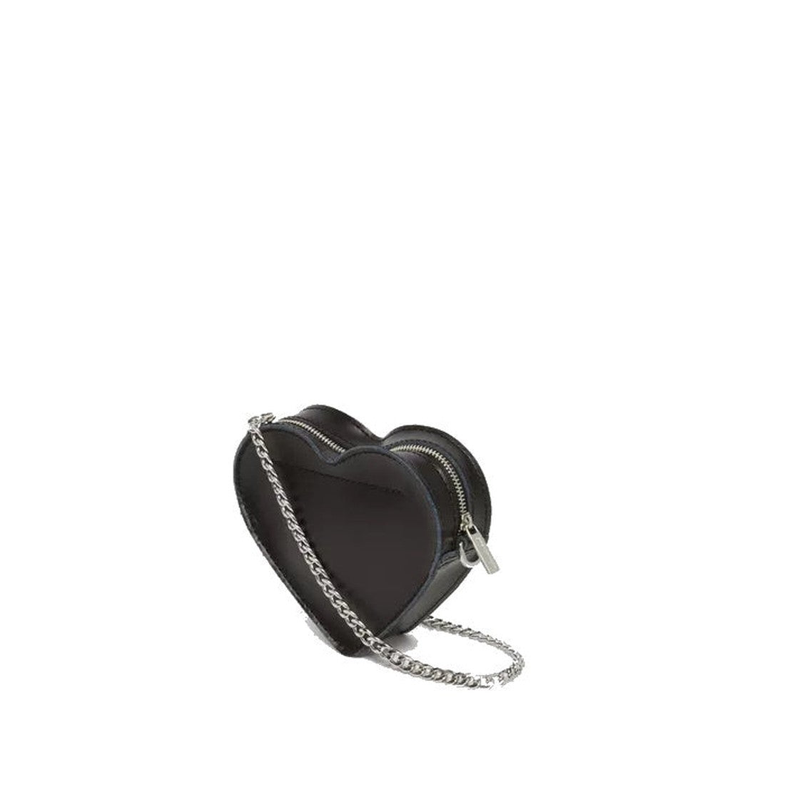 The Dr Martens Mini Heart Leather Cross Body Black Patent Leather Satchel features a small, heart-shaped design with a silver zipper and chain strap, shown on a plain white background., 190665640373