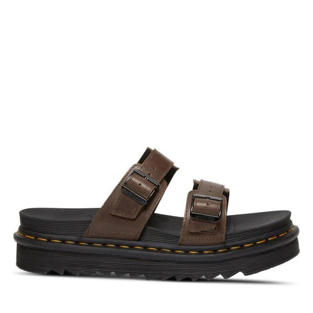 The Dr Martens Myles Dark Brown Oiled Illusion Sandal features two adjustable buckle straps, a thick black cushioned sole with yellow stitching, and a rugged tread for grip. Now on clearance., 26562, 190665523188, 190665523195, 190665523201, 190665523218,