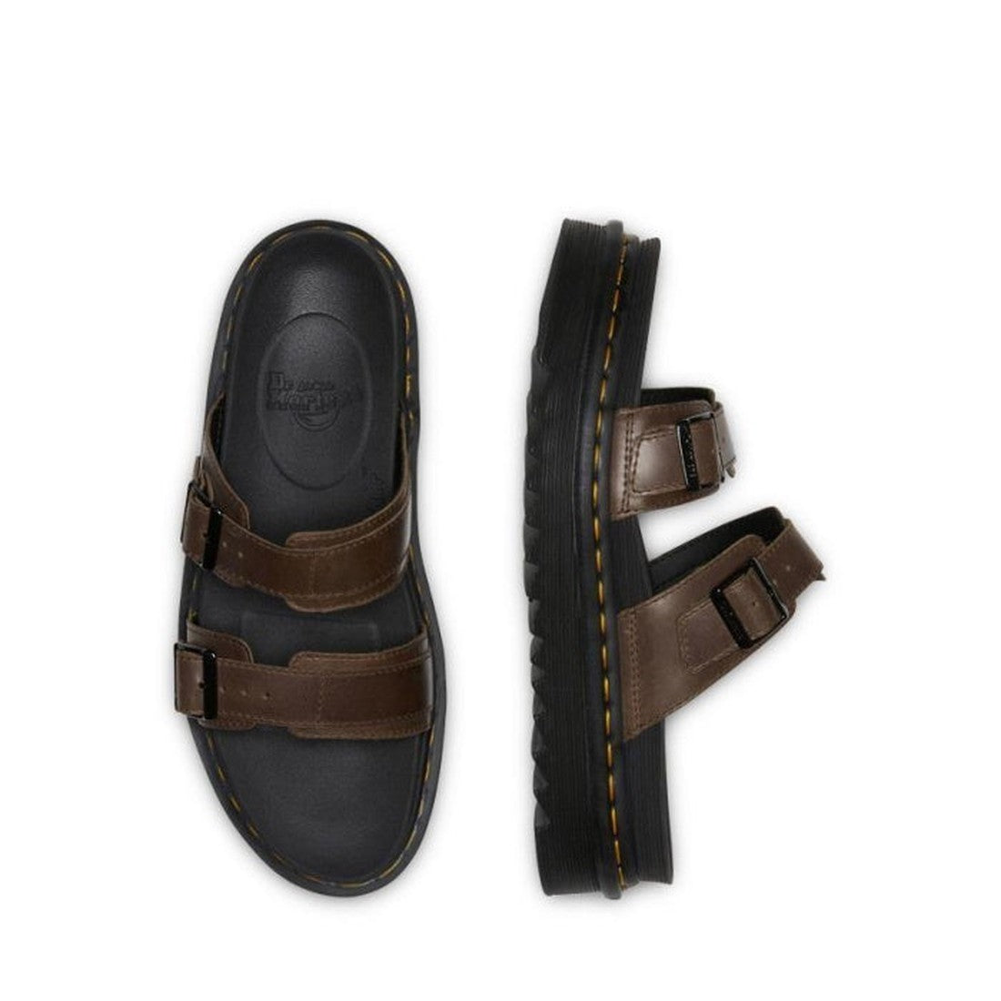 The Dr Martens Myles Dark Brown Oiled Illusion Sandal features two adjustable buckle straps and thick black soles, displayed from the top and side on a white background. Now on clearance., 26562, 190665523188, 190665523195, 190665523201, 190665523218, 190