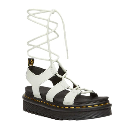 Dr Martens Nartilla Gladiator Sandal in soft smoked mint has strappy uppers, sturdy black sole, and long laces for secure fit.  ksnz