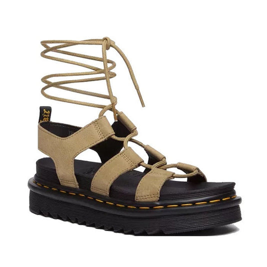 Dr Martens Nartilla Gladiator Sandal in warm tan with comfy lace-up straps, signature yellow stitching, and durable black sole.  ksnz