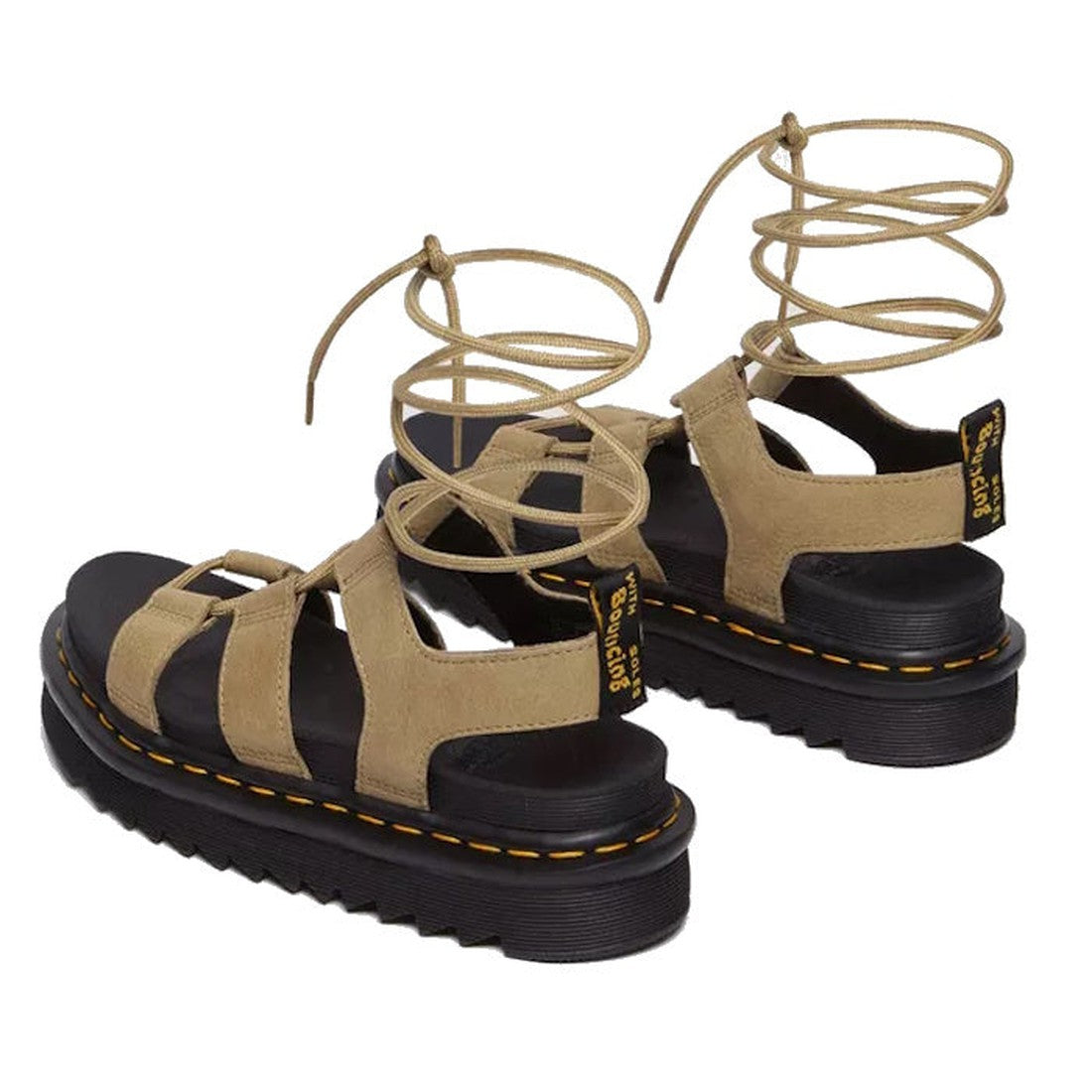 Dr Martens Nartilla Gladiator Sandal in tan nubuck, with platform sole, yellow stitching, strappy open toe and lace-up ankle ties.  ksnz, 190665646481, 190665646498, 190665646504, 190665646511, 190665646535