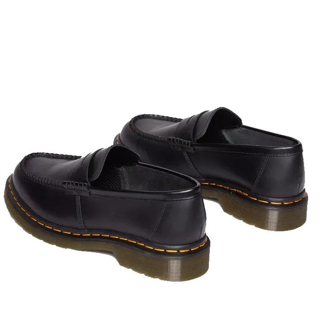 The Dr. Martens Loafer Penton Slip On Black Smooth Leather Mens features chunky, translucent AirWair outsoles and yellow stitching, shown angled on a white background., 190665570434, 190665570502, 190665570519, 190665570441, 190665570465, 190665570472, 19