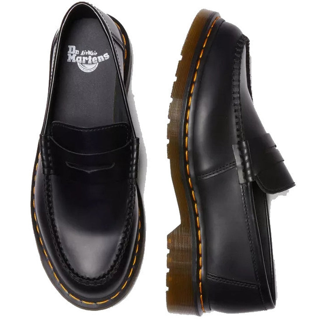 A pair of Dr. Martens Penton Slip On Loafers for men in black Smooth leather, featuring signature yellow stitching and a chunky translucent AirWair sole. One shoe is shown from above, the other from the side., 190665570434, 190665570502, 190665570519, 190