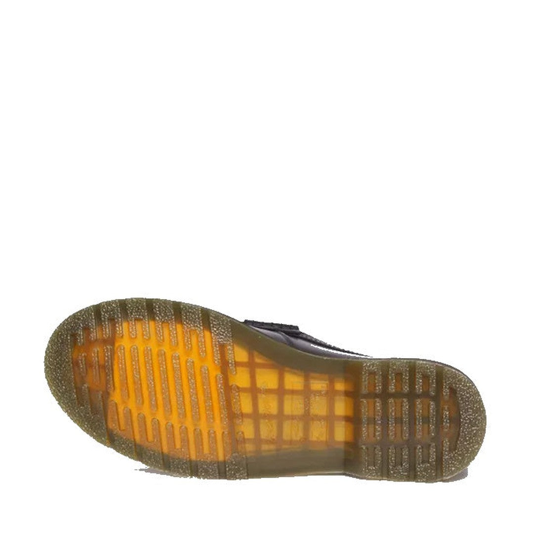 The image shows the sole of the Dr Martens Loafer Penton Slip On Black Smooth Leather Mens, featuring a translucent amber AirWair outsole with a textured, grid-like tread and slightly textured edge, set against a white background., 190665570434, 190665570