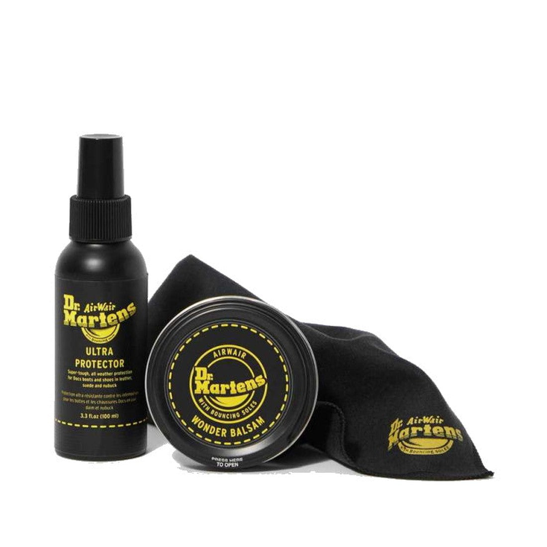 The Dr Martens Shoe Care Kit - Protect by Doc helps families care for black lace-up boots with sturdy soles, sprays, and soft cloth.  ksnz, 190665251302