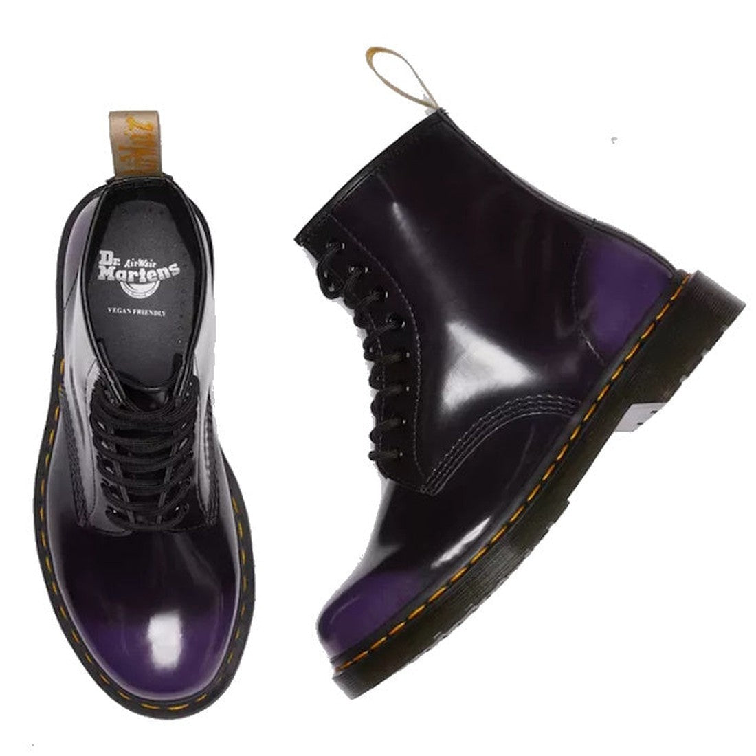 A pair of Dr Martens Vegan 1460 Rich Purple Oxford Rub Off Boot 8-eye boots in synthetic leather, with black soles and yellow stitching, shown from top and side views on a white background., 190665602845, 31837, 31838, 31839, 190665602852, 190665602869, 1