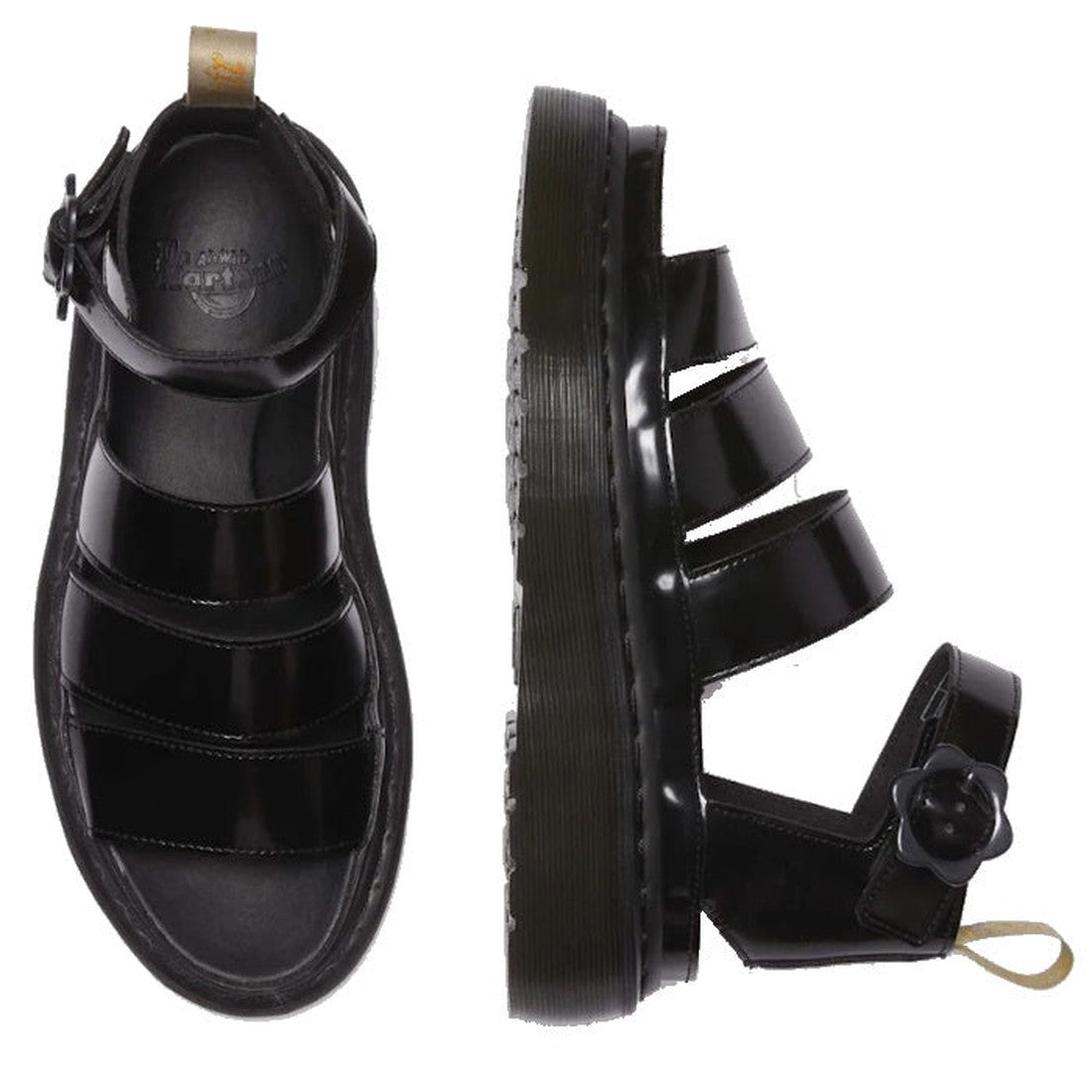 The Dr Martens V Clarissa Quad Flower Vegan Platform Sandal in black features thick straps, a closed heel, open toe, ankle buckle, and platform sole—shown from top and side views with iconic Dr. Martens style., 33791, 33792, 33793, 33794, 190665594522, 19