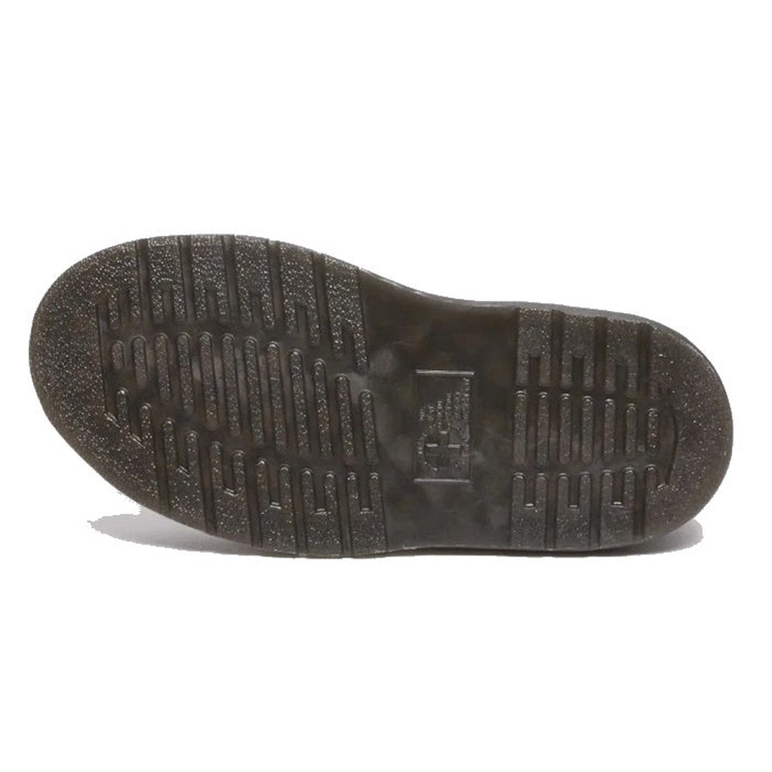 The image shows the bottom view of a Dr Martens V Clarissa Quad Flower Vegan Platform Sandal in black, featuring a textured, grooved tread pattern and a rectangular logo area at the center. The background is plain white., 33791, 33792, 33793, 33794, 19066