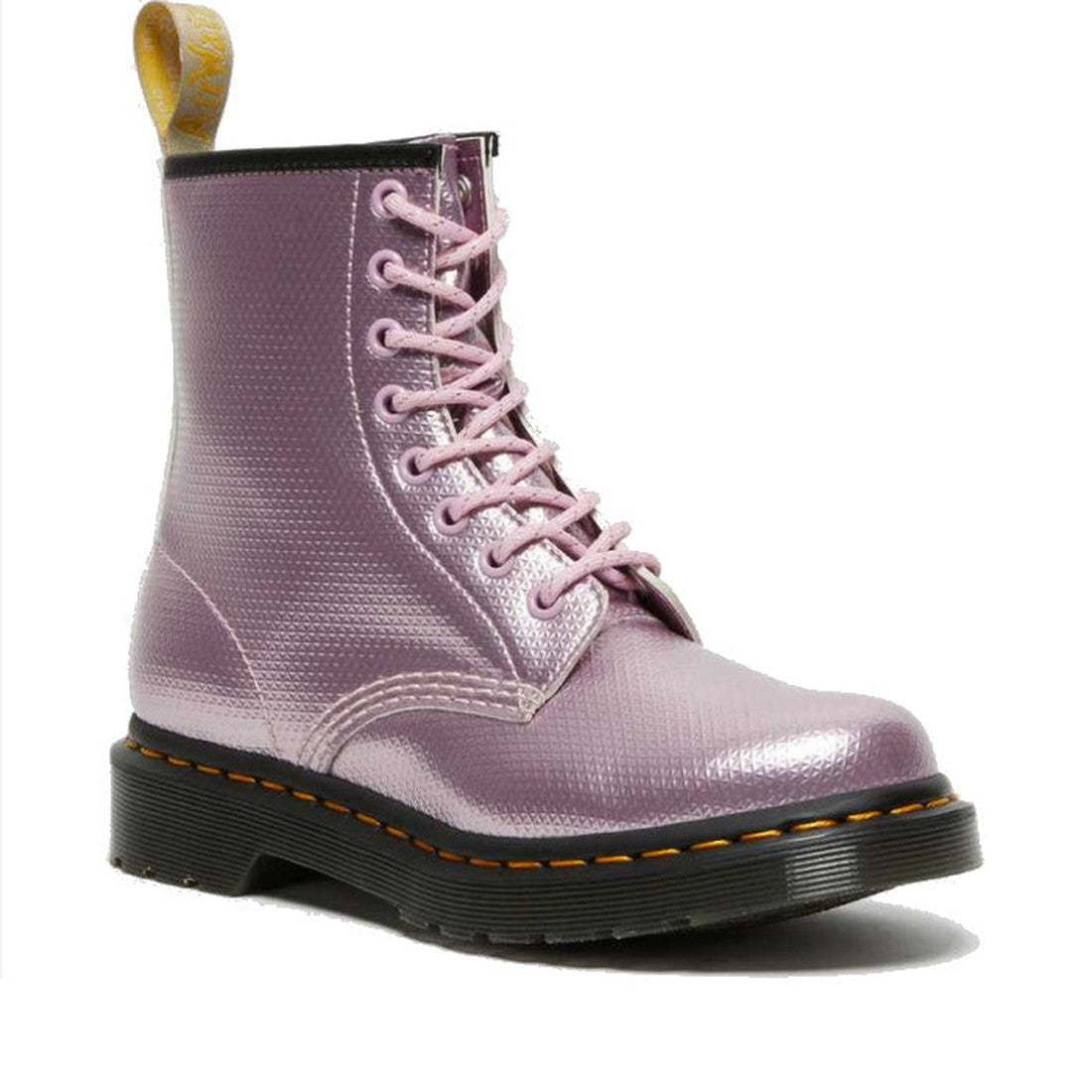 Image of right foot, side on of Dr Martens Vegan 1460 Pink Lavender Alumix Hex Emboss-Foot Forward Shoes