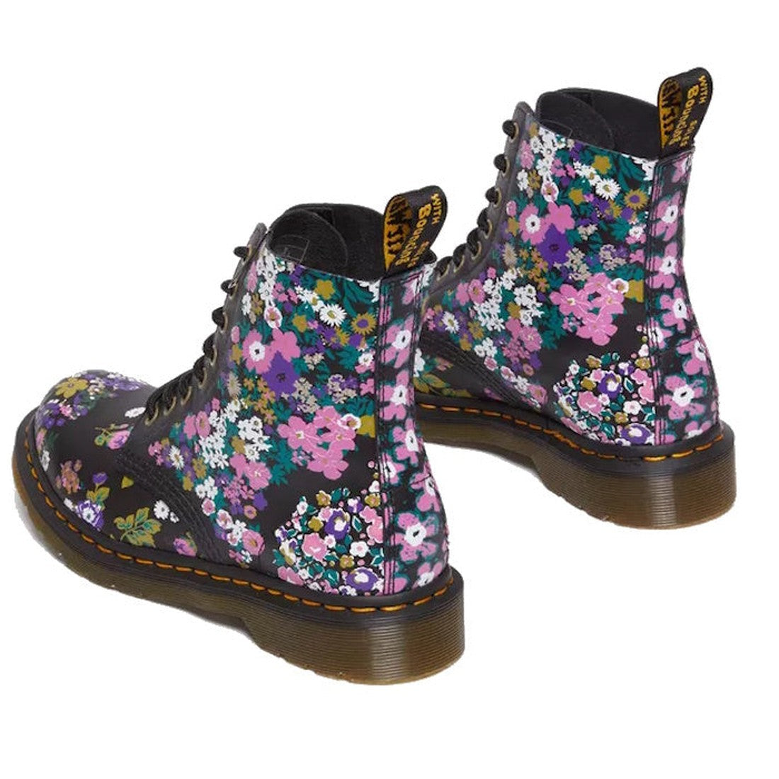 Dr Martens Vintage Floral 1460 Pascal Backhand Leather Multi boots feature a glossy floral pattern on black vintage leather, signature yellow stitching, ankle-length lace-up design, and branded heel loops. Now on clearance., 190665572490, 190665572506, 19