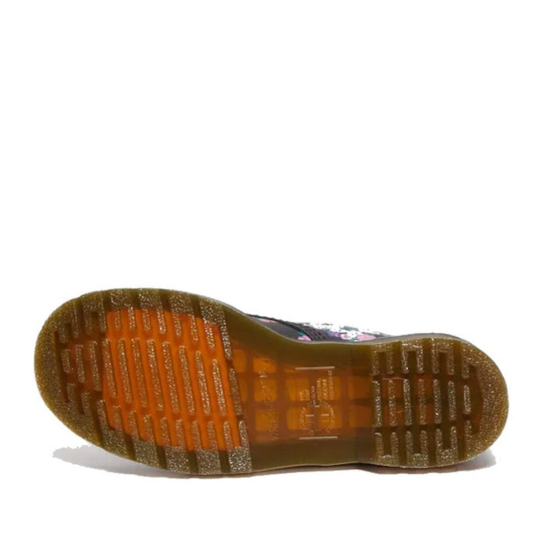 The image displays the bottom view of the Dr Martens Vintage Floral 1460 Pascal Backhand Leather boot, featuring a translucent light brown grooved rubber sole with horizontal and vertical ridges for traction., 190665572490, 190665572506, 190665572513, 190