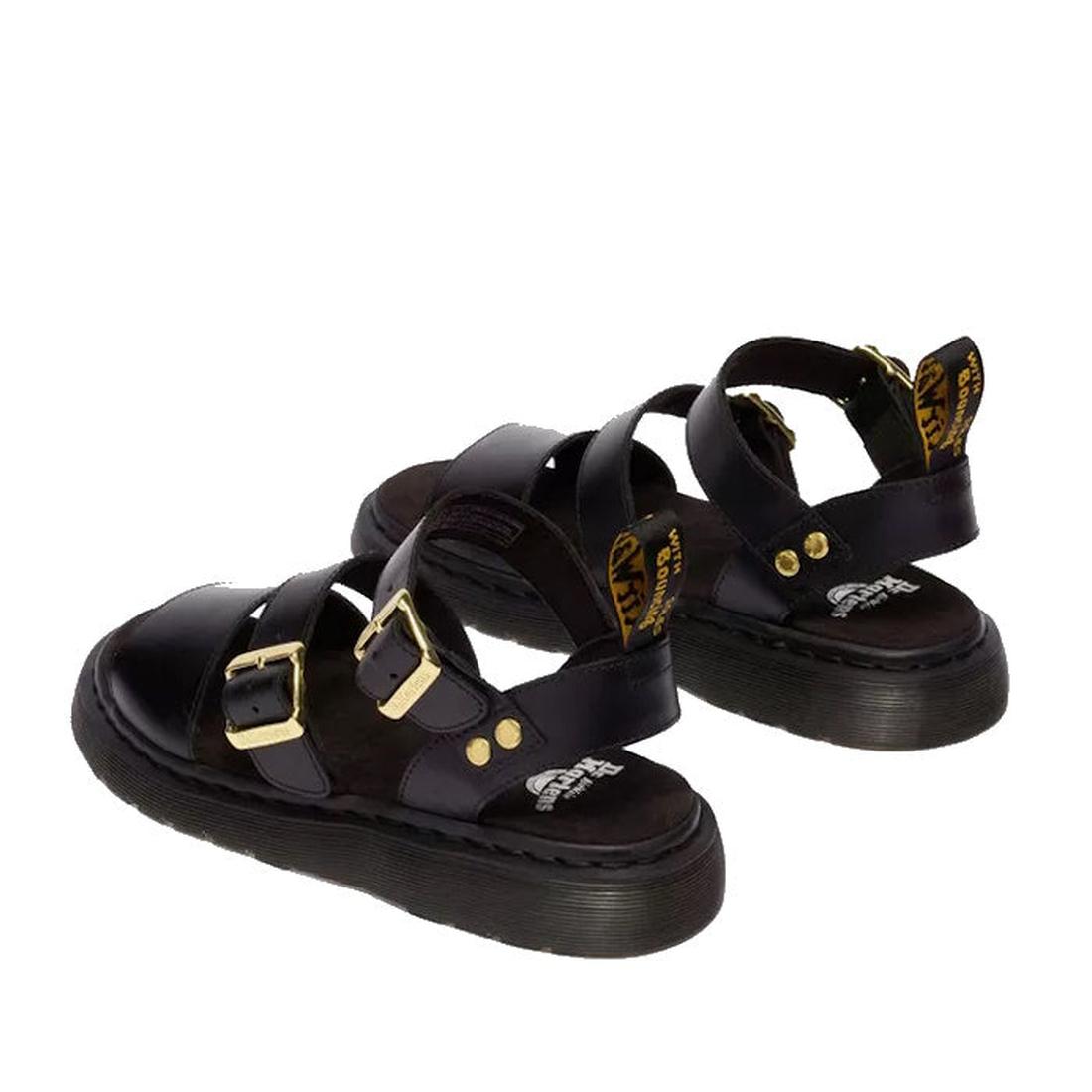 Dr Martens Gryphon Sandal in black leather, featuring sturdy soles, gold buckle closures, and a comfy strap with signature yellow tag.  ksnz, 190665783414, 190665783421, 190665783438, 190665783452, 190665783469, 50536