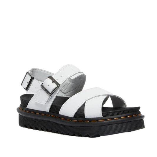 Dr Martens - Voss II Cross Strap Sandal White is a comfy white sandal with sturdy leather straps, adjustable silver buckles, and a grippy black sole.  ksnz