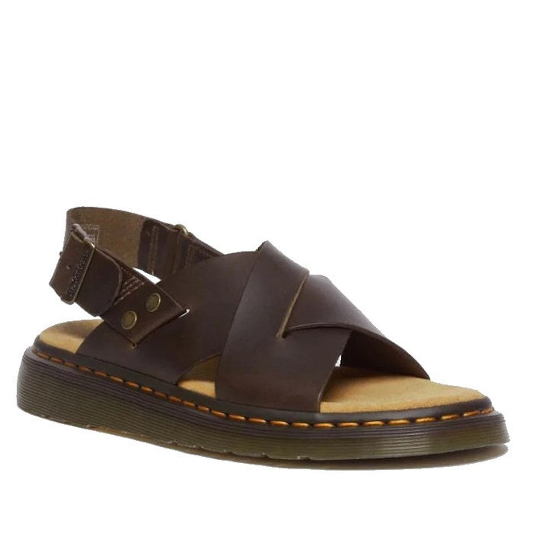 Dr Martens Zane Brown Brando Leather Sandal, a comfy brown sandal with slingback closure, cushioned footbed, and sturdy sole.  ksnz